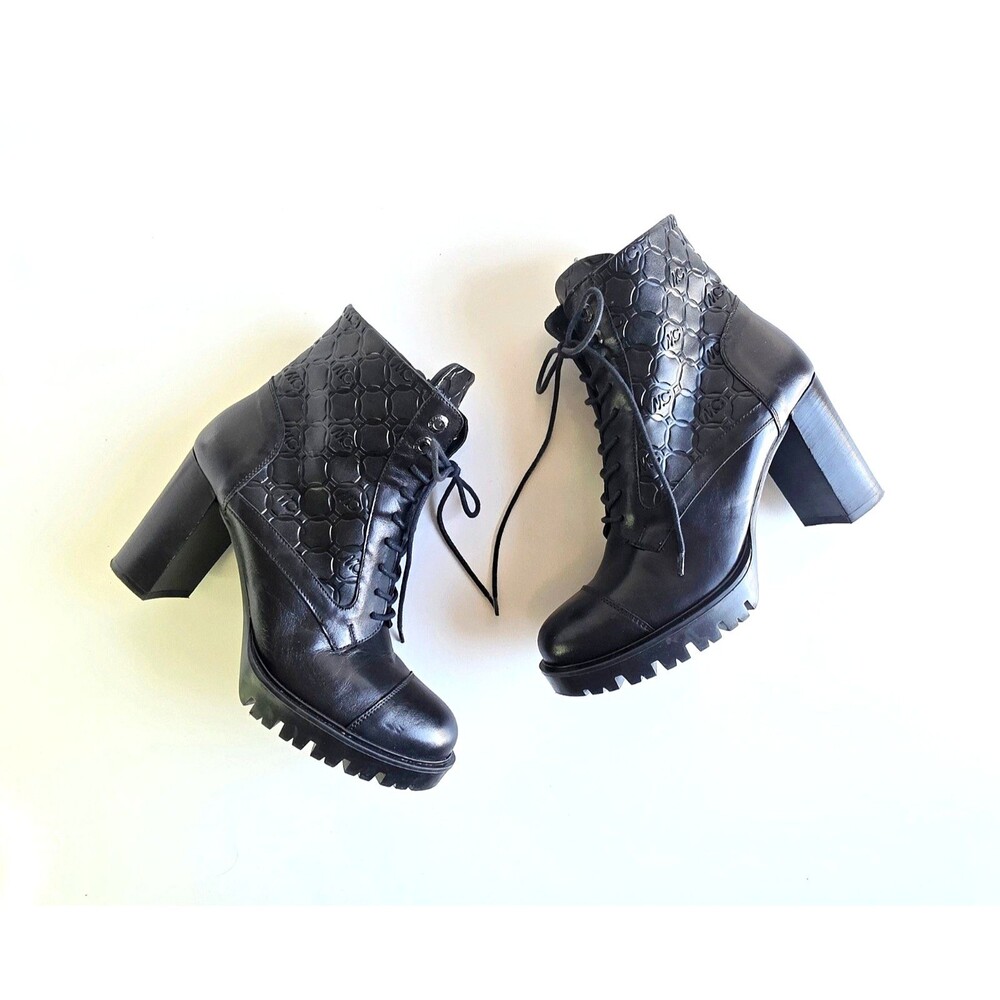 MARC CAIN Black Leather Ankle Boots 39 8.5 Lace Up Zip Heeled Booties Embossed